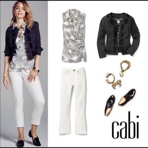 CAbi 5228 White Black Sleeveless Faux Wrap